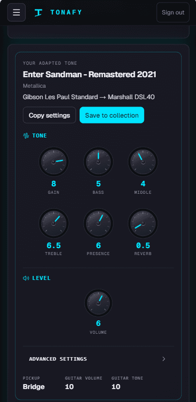 Example result card for Enter Sandman on a Gibson Les Paul Standard with Marshall DSL40 settings